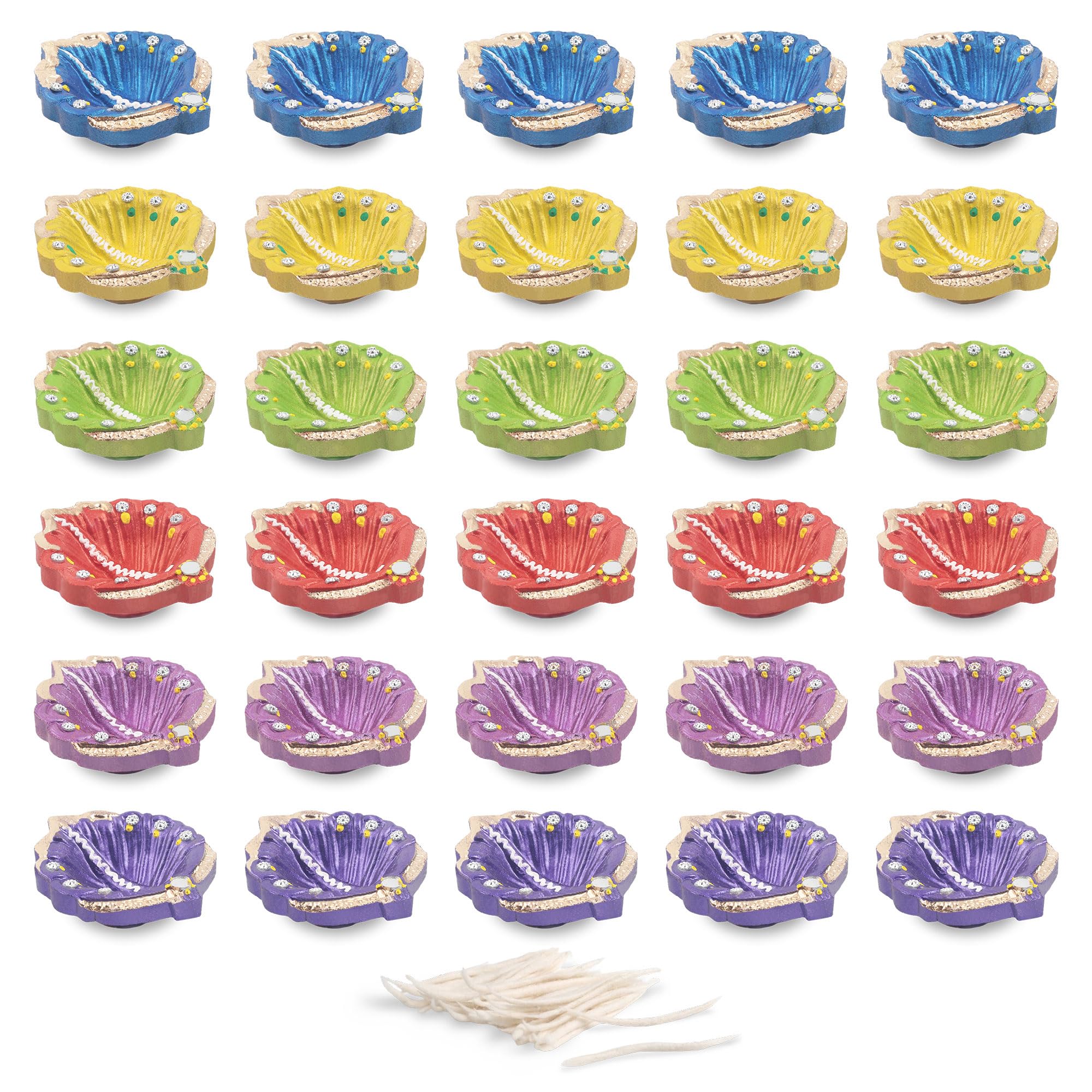 KSJONE Hand Painted Diwali Decoration Diwali Clay Diya with Cotton Wicks Oil Lamp Indian Festive Home Decoration Traditional Temple Pooja Laxmi Puja Diyas Diwali Decor 30 Pcs