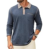 Hardaddy Men's Long Sleeve Casual Polo Shirts Collared Contrast Color Lightweight Golf Shirt with Pocket