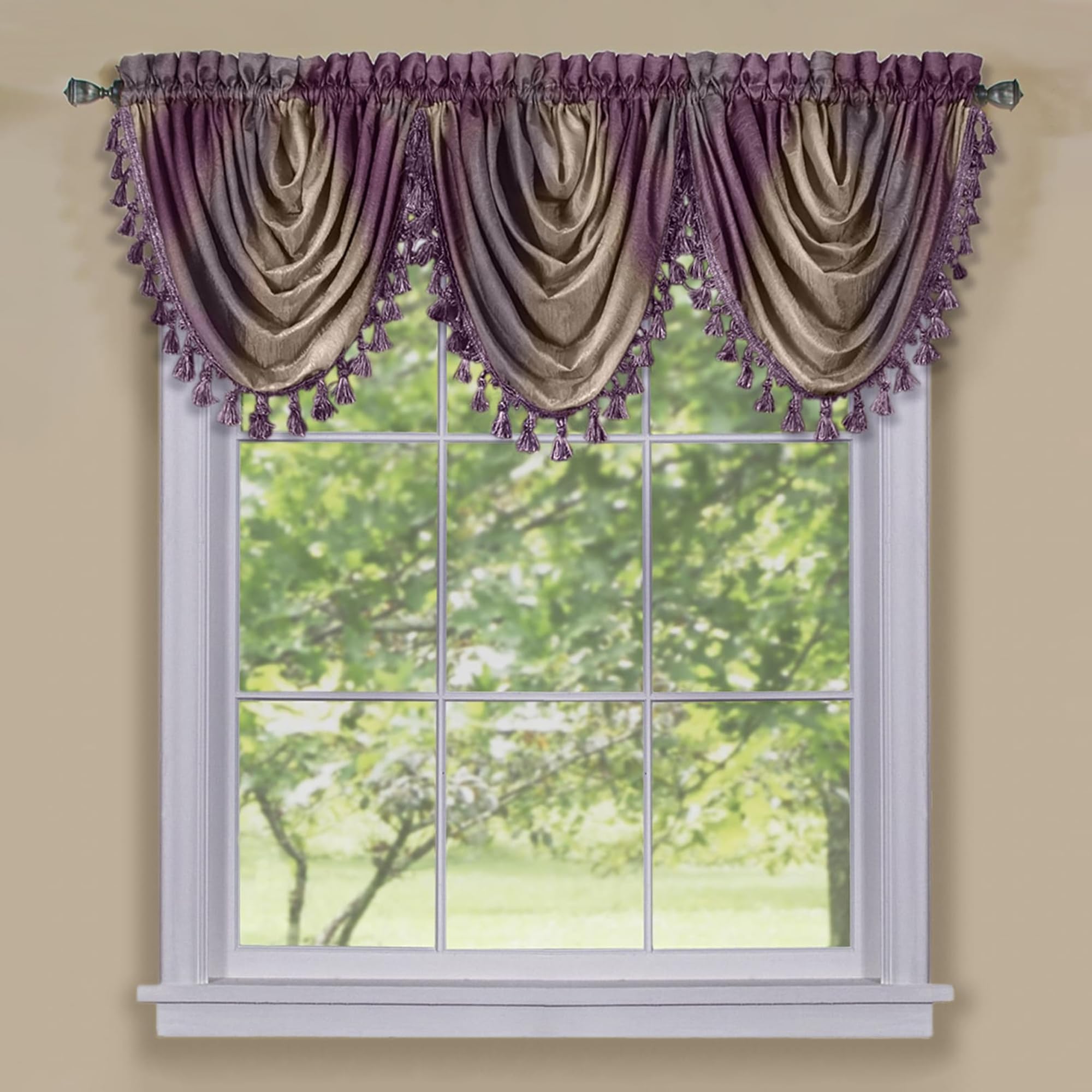 ACHIM Soft Waterfall Valance Window Curtains - 46 Inch Width, 40 Inch Length - Ombre (Aubergine) - Light Filtering Decorative Polyester Drapes for Bedroom Living & Dining Room Home Decor