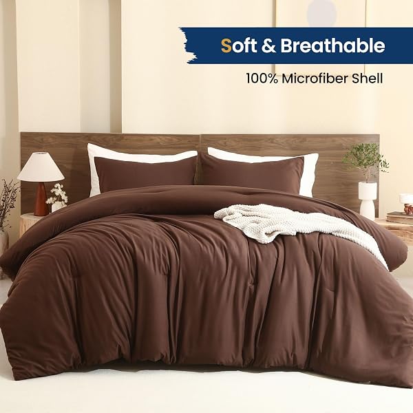PAXRAC EARTHY BROWN COMFORTER QUEEN SIZE, NEUTRAL 3 PIECES COMFORTER SET, LIGHTWEIGHT SOLID BEDDING SET, ALL SEASONS SOFT FLUFFY QUEEN COMFORTER SET (90X90IN COMFORTER & 2 PILLOWCASES)