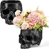 Acellegic 2 Pack Halloween Skull Planter, Dark Style,Black | Resin Skull Head Flower Pot, Candy Bowl, Spooky Gothic Decoration, for Tabletop Home Bar Office Desk