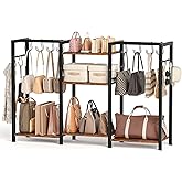Akxomel 43.5" W Purse Organizer for Closet, Extra Large Capacity 3 Tier Bag Storage Rack Stand with Adjustable Shelf, Handbag Organizer with 12 Movable Hooks, Purse Holder for Bedroom, Rustic Brown