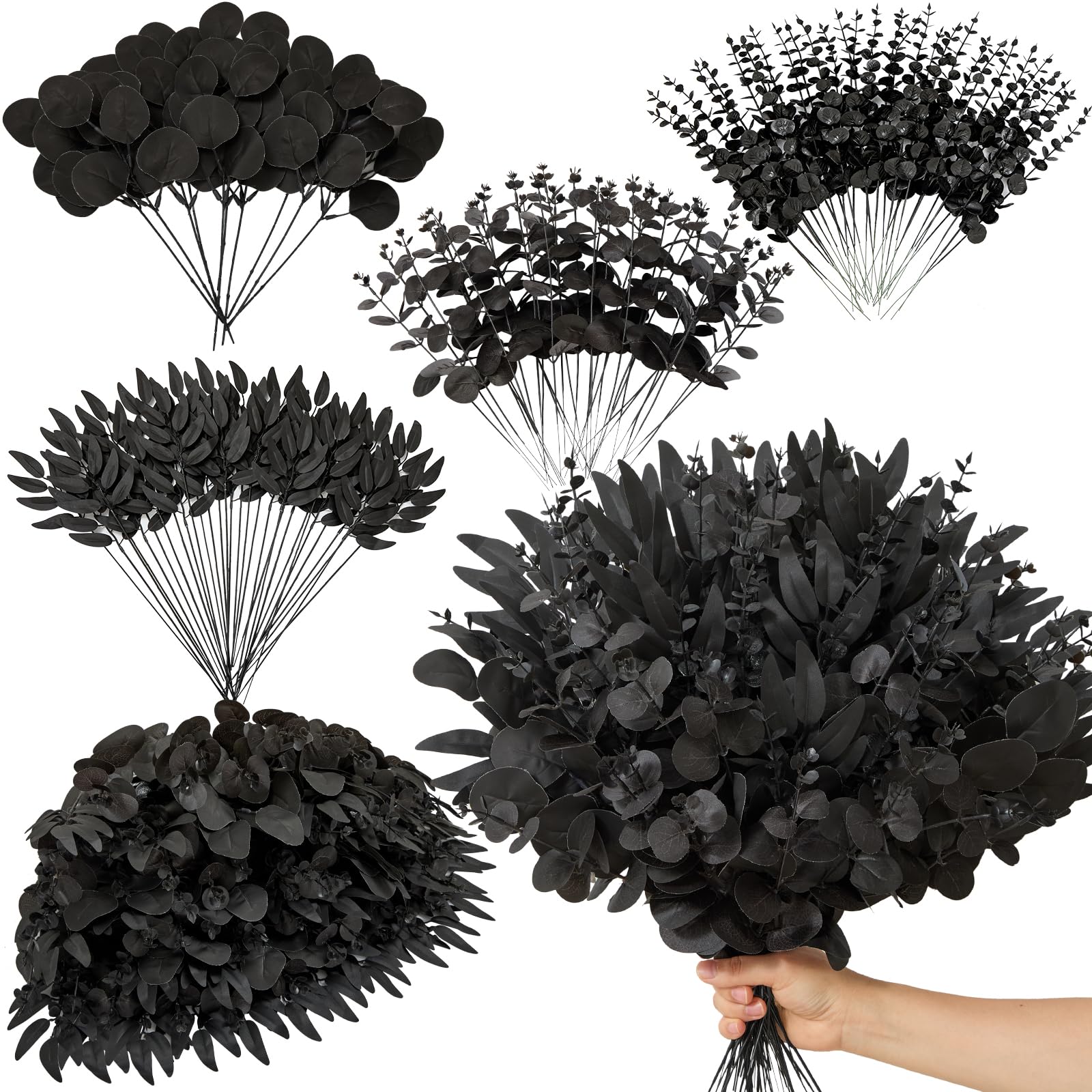 Serwalin 100pcs Artificial Mixed Eucalyptus Stems Leaves Bulk, 4 Kinds Fake Black Grennery Silver Dollar Eucalyptus Stems Picks,Faux Black Leaves Sprays for DIY Bouquets Floral Arrangement Home Decor