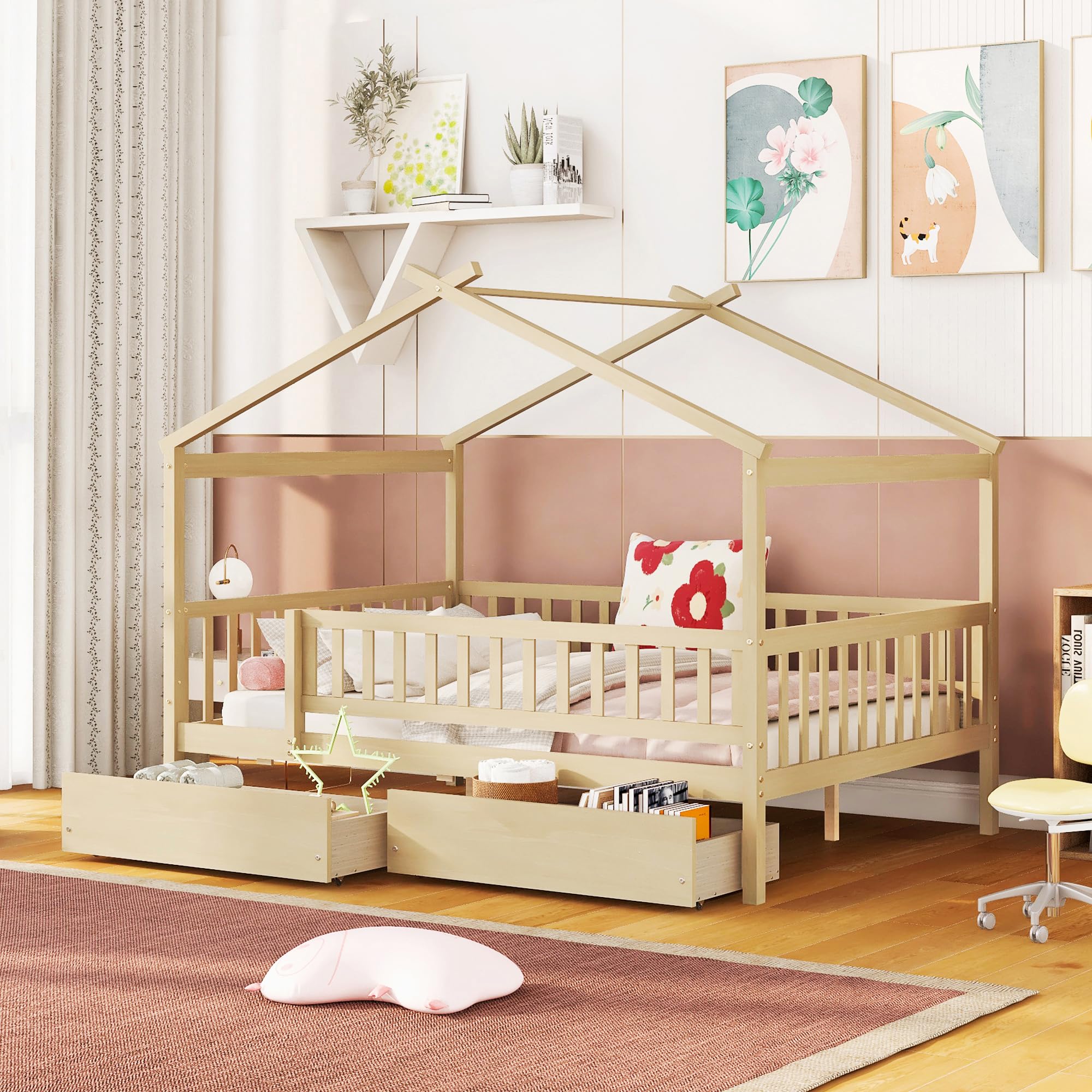 Photo 1 of Bellemave Full Size House Bed with Drawers, Wooden Kids Bed with Rails and Drawers, Natural