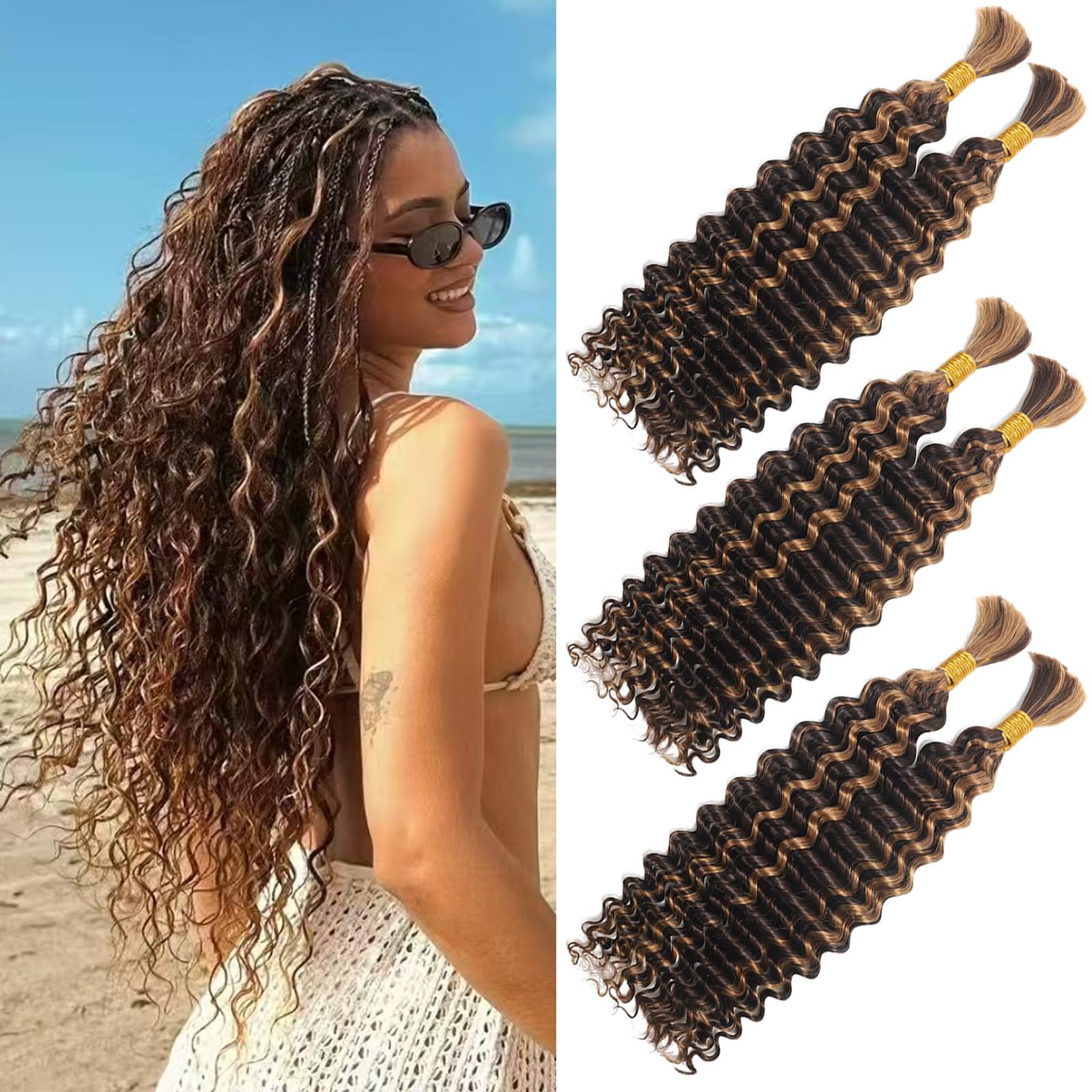 LPARMJIT Deep Wave Bulk hair for Braiding 18 inch 2 Bundles/Pack No Weft for Braiding Wavy Synthetic Braiding Hair Extensions for Boho Braids (P4/27, 24inch(3pack))