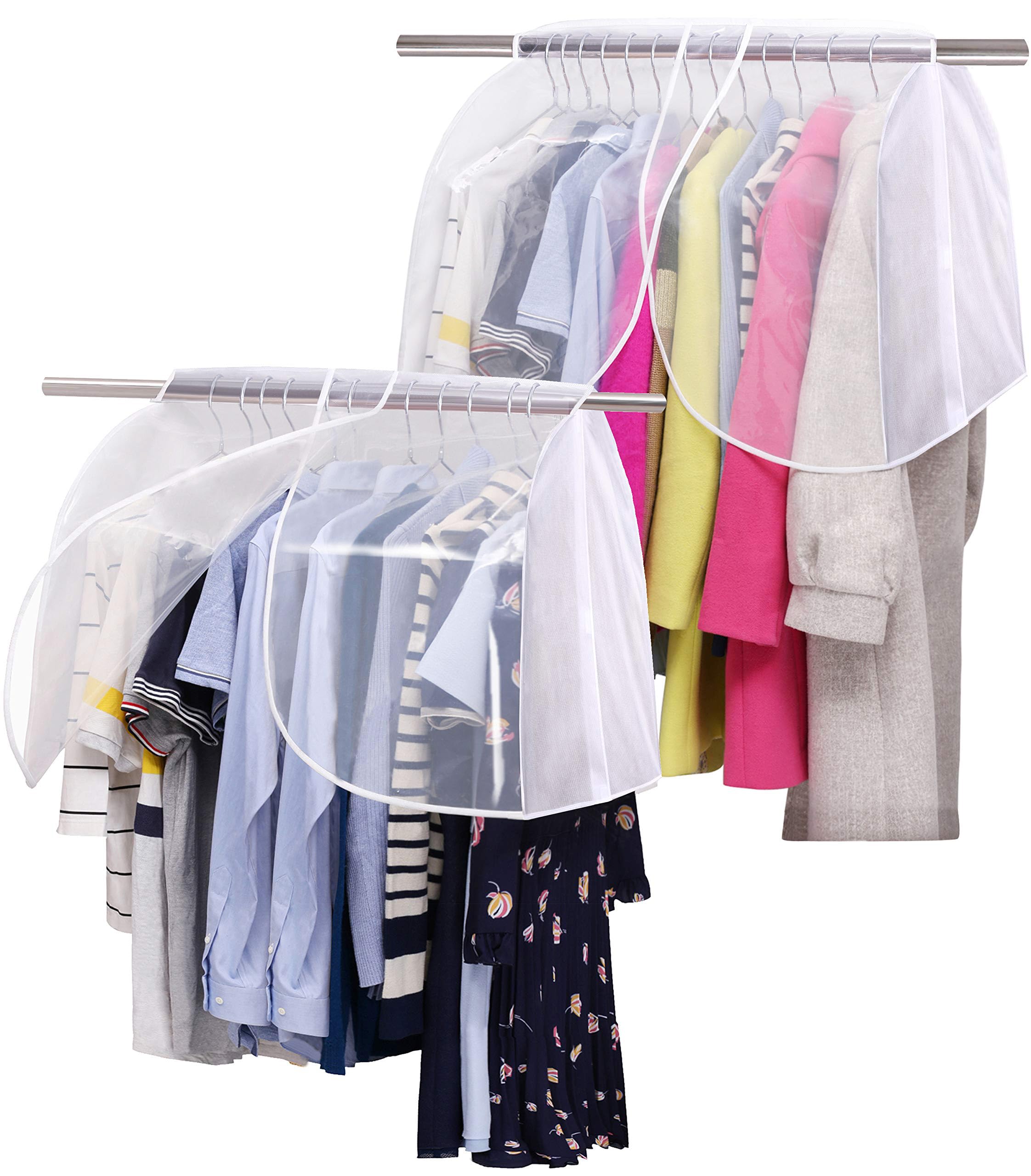 MISSLO Garment Rack with Cover for Clothes Hanging Wardrobe Storage with Clear PVC Windows Hanging Rail Cover Dustproof Coats Suits Jackets Shoulder Protectors, 2 Pack, White