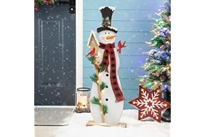 Glitzhome 36" H Lighted Wooden Christmas Snowman Porch Sign Standing Snowman with Birdhouse Porch Decor Rustic Merry Christmas Welcome Sign Holiday Party Outdoor Indoor Xmas Decorations