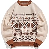 ZAFUL Men's Ethnic Knit Sweater Vintage Graphic Long Sleeve Pullover Crew Neck Striped Jumpers