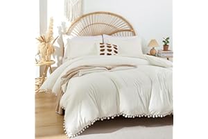 YIRDDEO Ivory Queen Ball Pom Fringe Comforter Set 3pcs, Boho Off White Aesthetic Luxurious Queen Bedding Set 3 Pieces, Vintage Ultra Soft Microfiber Comforter Set