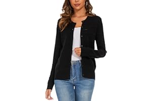 HUULOO Women's Crew Neck Button Down Hollow Out Stripes Long Sleeve Cardigan Sweater