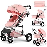 Kinder King 2 in 1 Convertible Baby Stroller, Diaper Bag, Pink | Folding High Landscape Infant Carriage, Newborn Reversible Pram, Anti-Shock Toddler Pushchair Stroller, Gift, 0-36 Months