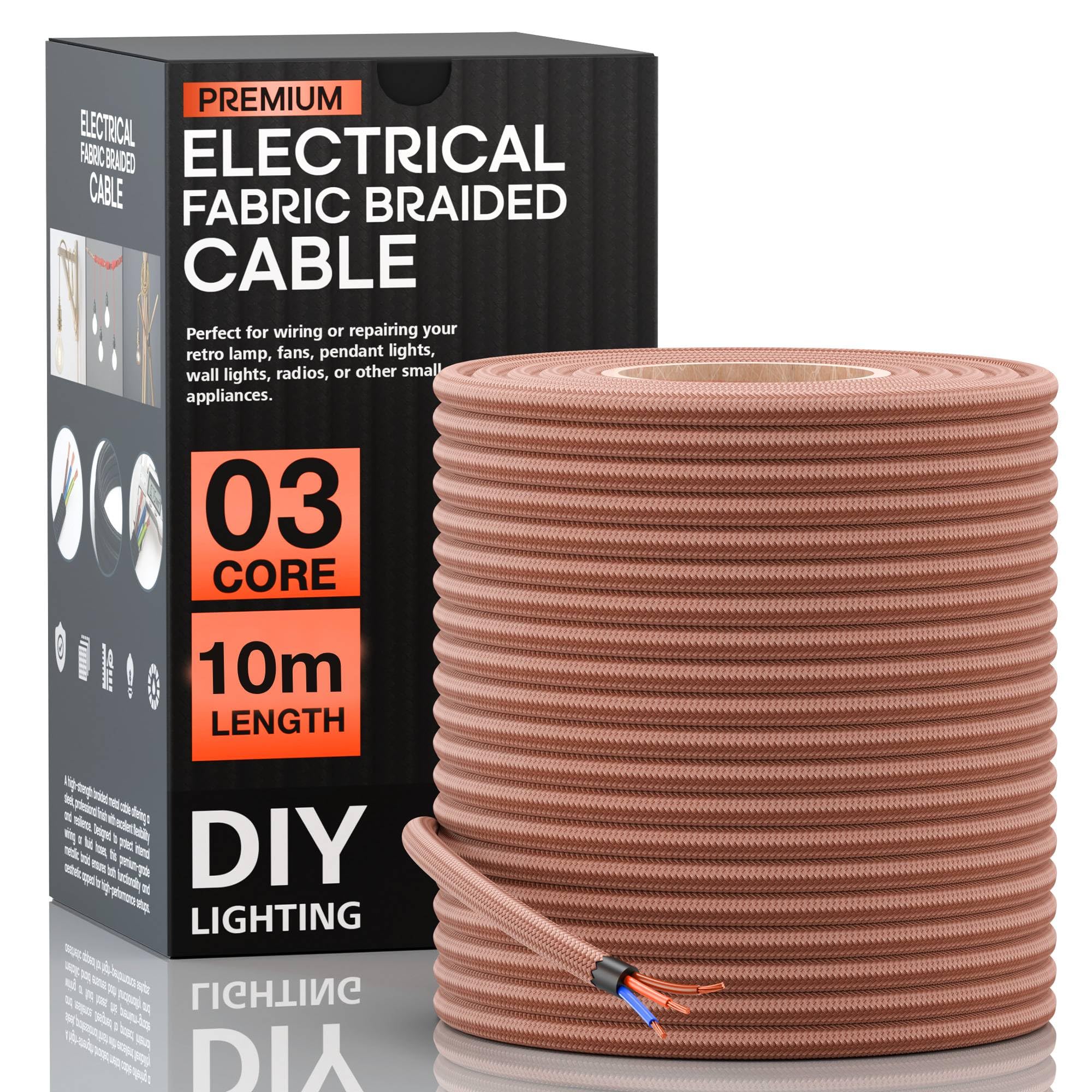 3 Core Braided Flex Lamp Cord 3 Conductor Fabric Braided Electrical Cable 0.75mm² | Vintage Flex Wire for Pendant Lights, Lamps & Lighting | 240V Mains Cable (3 Core - Rosegold)