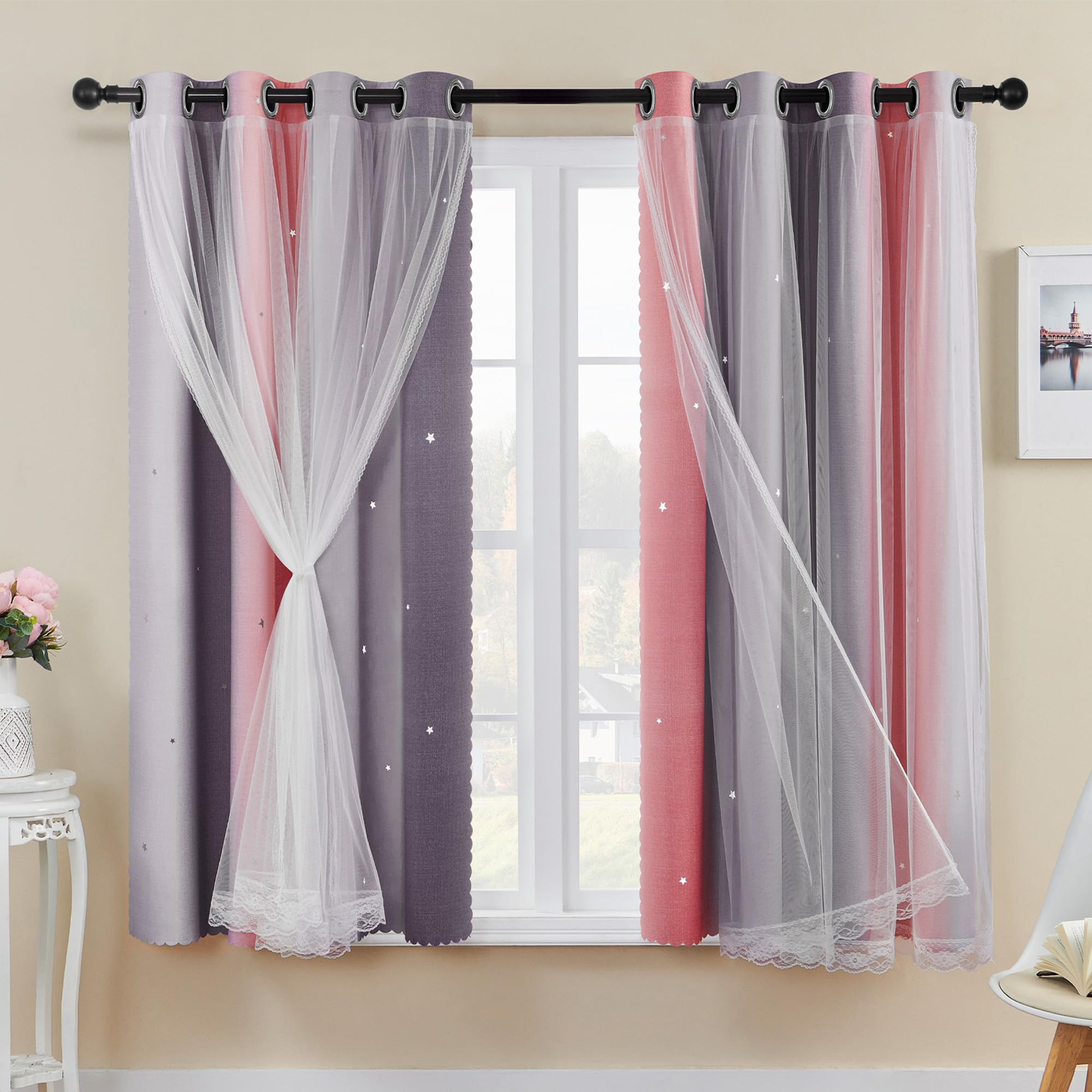 XiDi Rainbow Curtains for Bedroom Thermal Insulated Net Grey Curtains Hollowed-out Stars Decoration with Rings for Kids Girls Bedroom Window Treatment 52x63 Inch 2Pcs