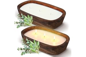Threlaco 2 Pack Wood Dough Bowl Candle 10 Inch Sage and Eucalyptus Candle Decorative with Wick Scented Candles Soy Xmas Gifts for Men Women Farmhouse Table Centerpiece Home