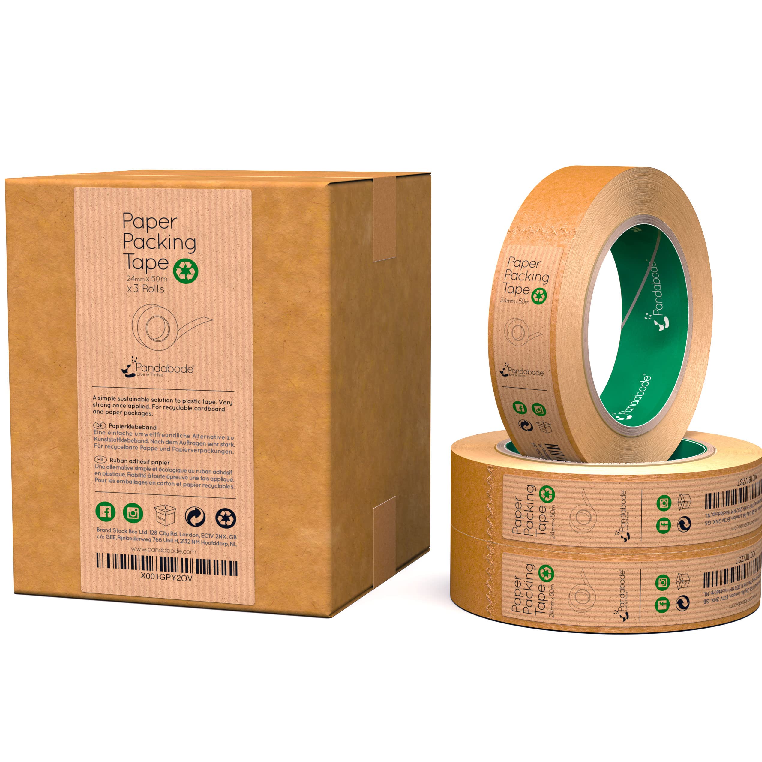 Pandabode Paper Packing Tape 24mm x 50m Strong, Sticky, Recyclable Brown Kraft Paper | 1/3/6/12 Eco Essentials for Parcel Packaging, Moving and Multi-use | 50 Metre Rolls (3) โ image 1