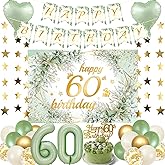 60th Birthday Decorations Women Banner - 21 Pcs Sage Green Happy Birthday Banner Gold Cake Topper Number 60 Latex Balloons Star Swirls For Vintage 60 Year Old Birthday Party Retirement Decor