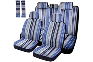 Foneso Car Seat Covers, Full Set Striped Woven Cloth Seat Covers with Seat Belt Pads, Baja Saddle Blanket Airbag Compatible, Interior Covers Universal Fit for Most Sedan Truck SUV (Blue)