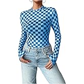 Floerns Women's Checker Print Long Sleeve T Shirts Sheer Mesh Plaid Print Tops