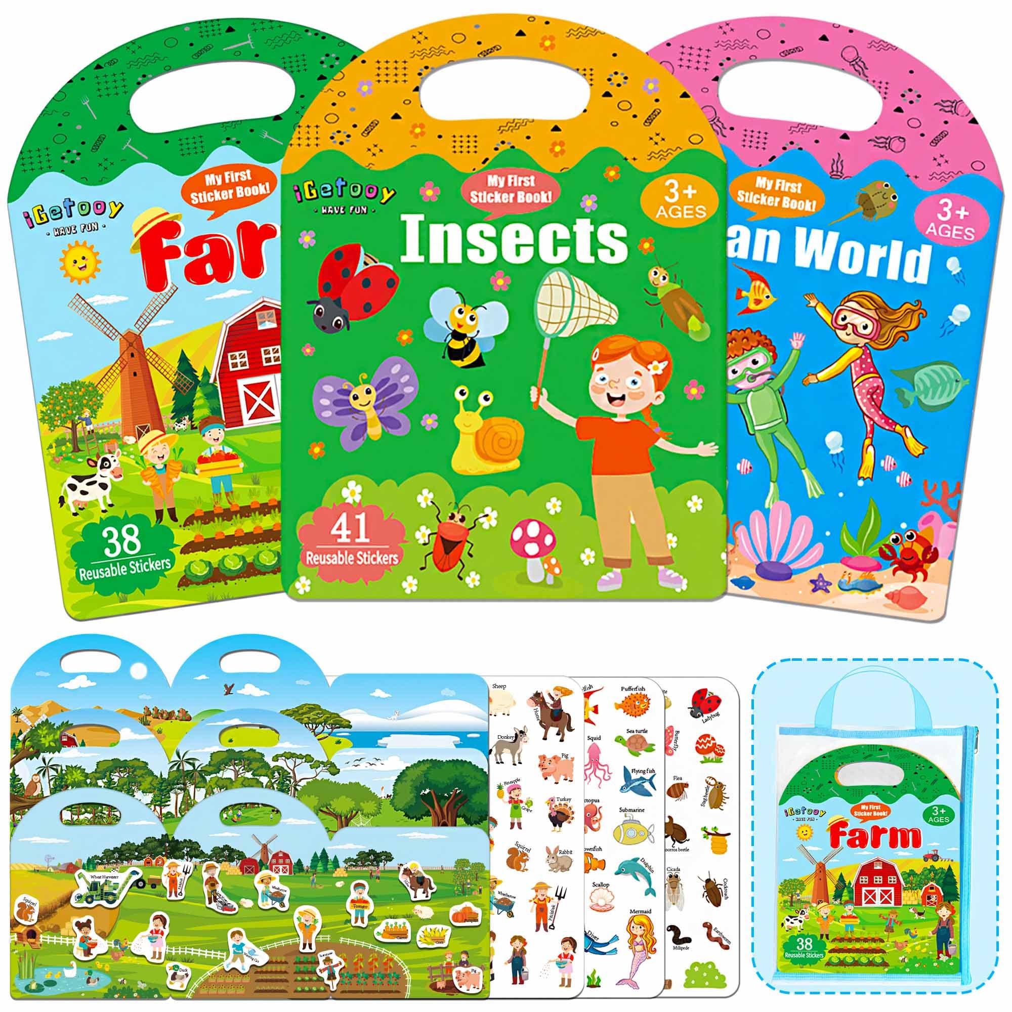 3 Sets Reusable Sticker Books for Toddler 1-3, 126 Pcs Restickable Stickers for Kids, Preschool Learning Activities for Toddler Airplane Travel Essentials for Girls Boys 2-6 Year Old