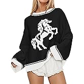 SHBECYDE Crew Neck Oversized Sweater for Women Y2k Long Sleeve Sweaters Horse Graphic Knit Pullover Trendy Fall Sweater 2026 Black