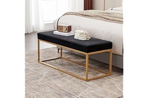 Befurtori Velvet Bedroom Bench, Upholstered End of Bed Bench with Metal Frame, Modern Tufted Channel Entryway Bench with Padded Seat for Living Room, Bedroom, Dining Room, Black
