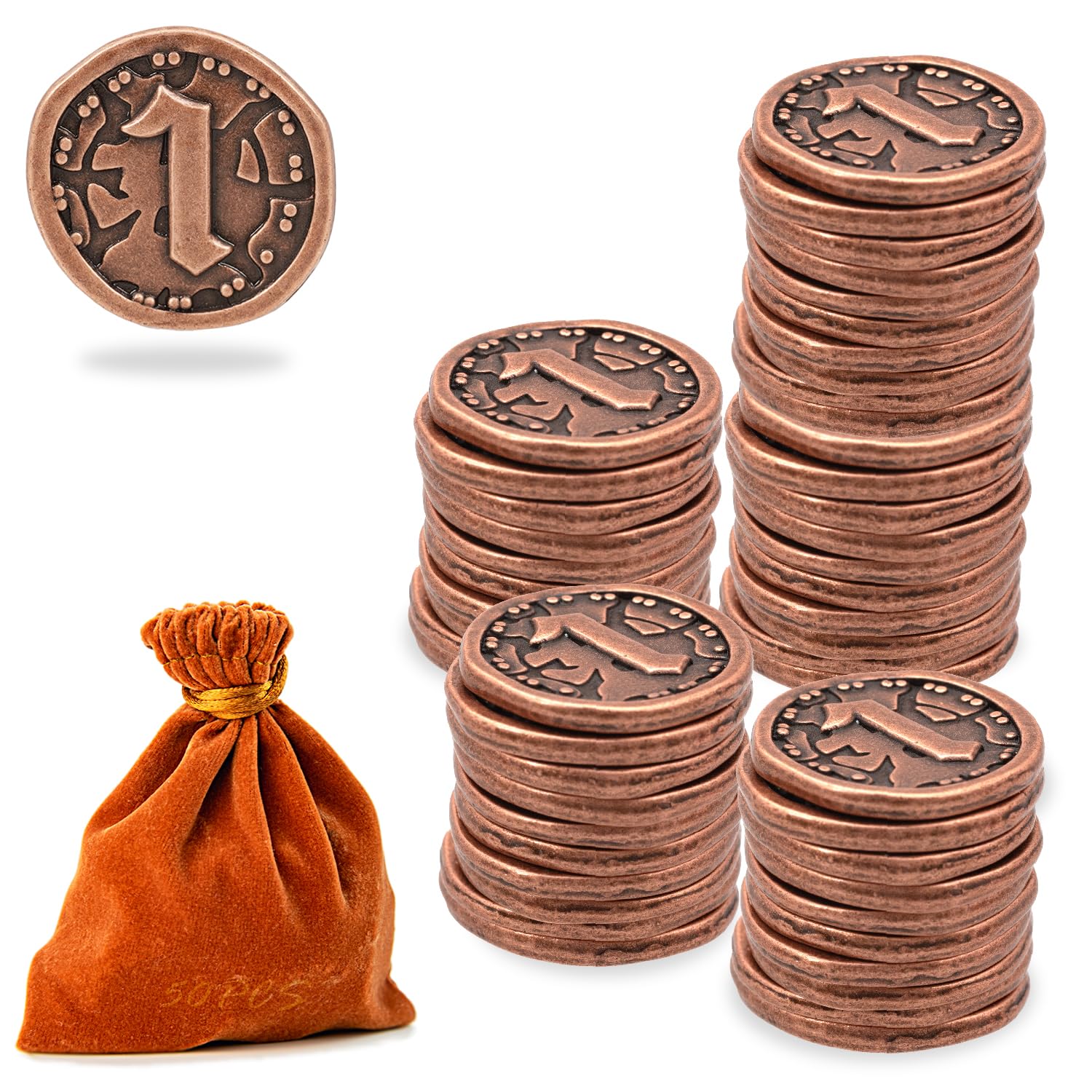 Metal Coins for Board Games, Prefdo 50 PCS Treasure Tokens for Poker, RPG, Strategy Tabletop Gaming, Fantasy Currency, Heavy Duty Generic Game Currency (Retro Rose Gold - Value 1 Coins)