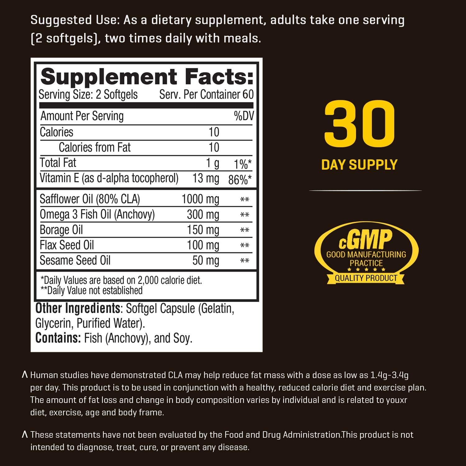 Ab Cuts CLA Belly Fat Formula, Weight Loss Supplement for Men and Women, Fat Burner, Omega 3 Fish Oil, Flaxseed Oil, Vitamin E, 120 Softgels: Health & Personal Care