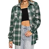HOTOUCH Women's Long Roll Up Sleeve Cotton Flannels Plaid Shirts Classic Fit Button Down Shirt Blouses with Pockets