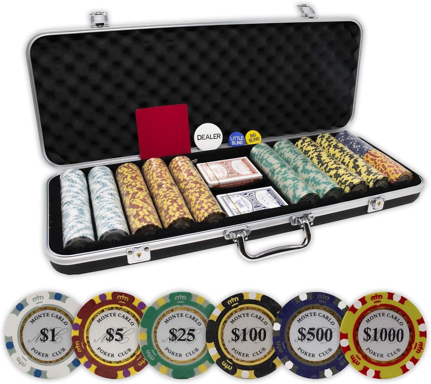 DA VINCI Monte Carlo Poker Club Set of 500 14 Gram 3 Tone Chips with Upgrade Ding Proof Black ABS Case, 2 Decks Plastic Playing Cards, 2 Cut Cards, Dealer and