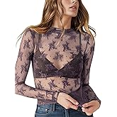 KTILG Womens Mesh Long Sleeve Top Sheer Blouse Sexy See Through Tee Shirt Lace Tops S-XXL