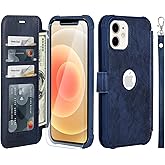 VANAVAGY Compatible for iPhone 12/12 Pro Wallet Case for Women Men, PU Leather Flip Phone Cover with Wristlet for Wireless Charging with RFID Blocking Card Holder Screen Protector,Navy Blue