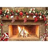 LTLYH 5x3ft Christmas Fireplace Backdrop Merry Christmas Fireplace Family Picture Party Decorations Photobooth Backdrops Xmas Socks Trees Burning Firewoods Photography Background 109