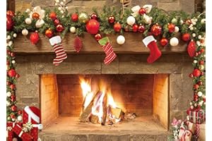 LTLYH 5x3ft Christmas Fireplace Backdrop Merry Christmas Fireplace Family Picture Party Decorations Photobooth Backdrops Xmas Socks Trees Burning Firewoods Photography Background 109