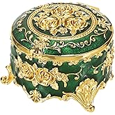 Hipiwe Vintage Jewelry Box Small Trinket Storage Organizer Box Gold Metal Chest Ring Case Treasure Chest Round Keepsake Boxes for Earrings Necklace Gift for Women,Green