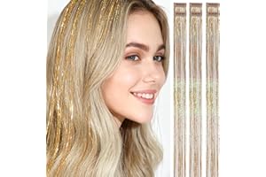 HANDWIG Clip in Hair Tinsel,6 Packs Champagne Gold, 24 Inch Trimmable, 75 Strands, Heat Resistant, Luxe Glitter Hair Strands for Bridal Party Looks Festival Holiday New Year Chistmas for Girls Kids