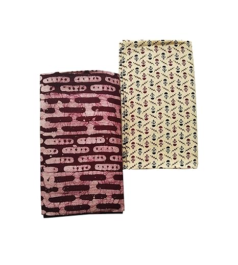 Men's Cotton Wex 2 25 m Batik and Azrakh Print Handloom Lungis (Maroon and Off White, Free Size) -Set of 2