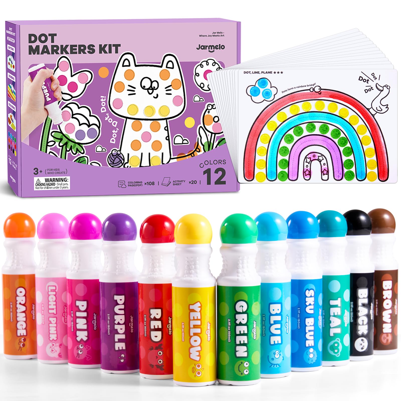 Jar Melo Washable Dot Markers for Toddlers, 12 Colors Bingo Dabber Pens with 120 PDF & 20 Activity Papers, Arts and Crafts Supplies for Preschool, Kids Ages 2-4 Years Old