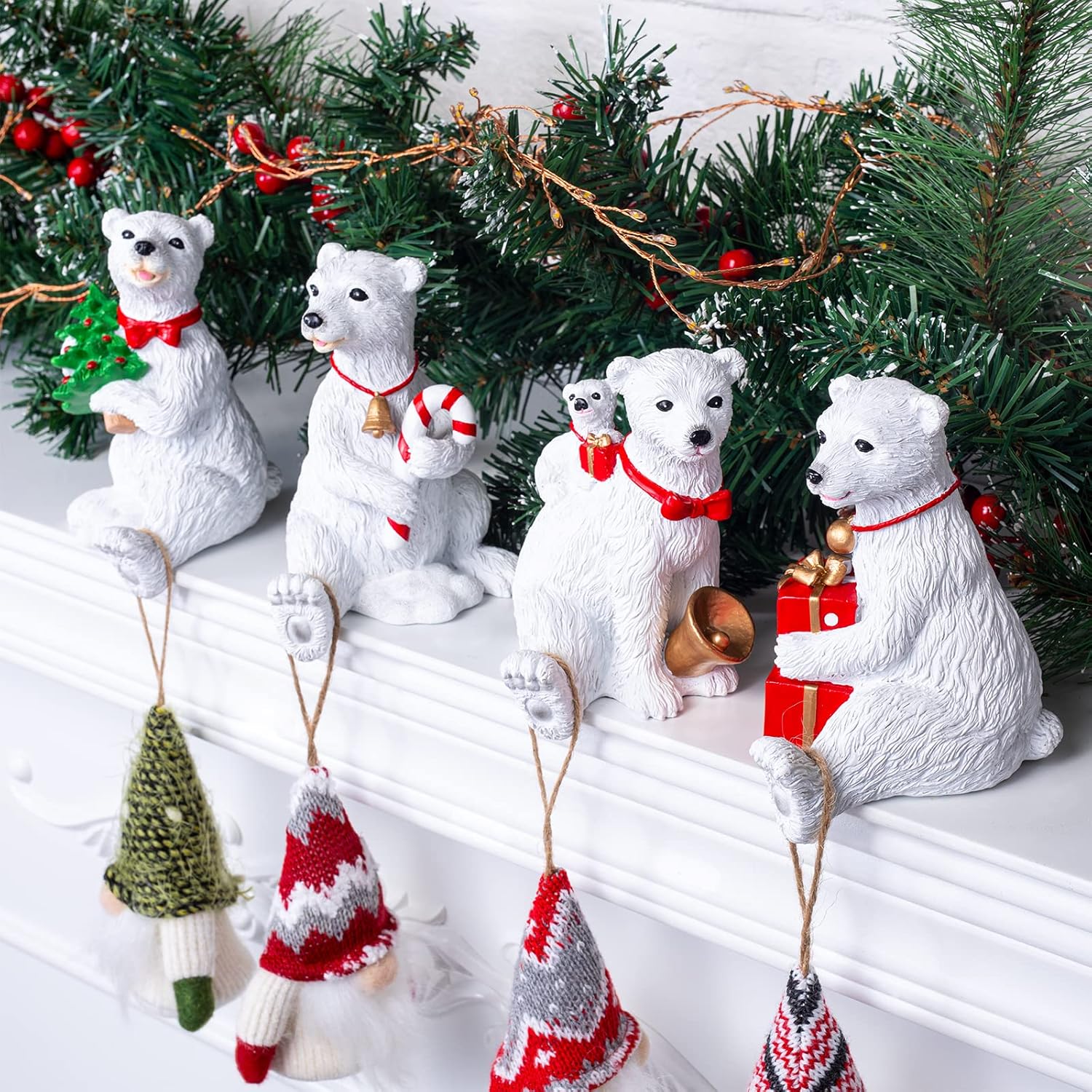 Stockings & Holders - Christmas 3D Family Polar Bear Stocking Holders Set of 4, Joyful Polar Bear Stocking Hangers for Mantel, Non-Slip Resin Decorative Fireplace Stocking Hook Set for Home Holiday Indoor, White