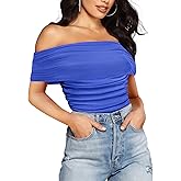SAUNGKUAI Women's Short Sleeve Bodysuit Off the Shoulder Mesh Ruched One Piece Body Suits Summer Outfits