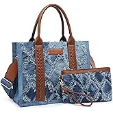 VANSARTO Denim Tote Bag for Women Top Handle Satchel Purse Boho Shoulder Handbags with Wristlet