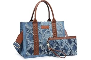 VANSARTO Denim Tote Bag for Women Top Handle Satchel Purse Boho Shoulder Handbags with Wristlet