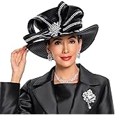 Go Mai Women's Church Hat for Baptism Wedding Wide Brim Rhinestone Fascinator Sunday Chapel Tea Party Hat