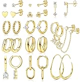 BESTEEL 13Pairs Small Hoop Earrings for Women - Hypoallergenic 14K Gold Plated Stud Huggie Earings Stacks Set for Multiple Piercing Dainty Non Tarnish Cartilage Jewelry Pack Trendy Lightweight Gift