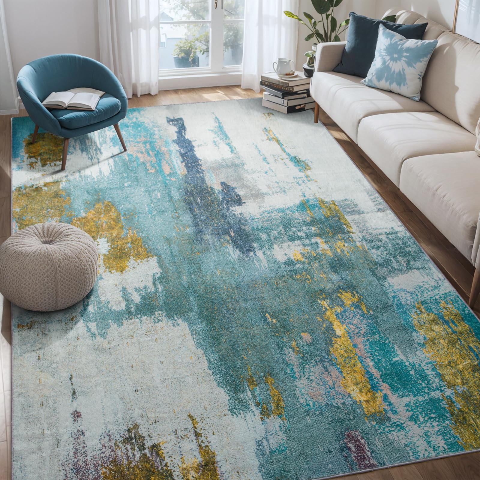 Photo 1 of Kelarea 6x9 Area Rugs for Living Room, Washable Abstract Non-Slip Large Rug Stain Resistant Blue Carpet, Low Pile Soft Indoor Rug for Bedroom, Dining Room, Nursery, Kitchen, Home Office