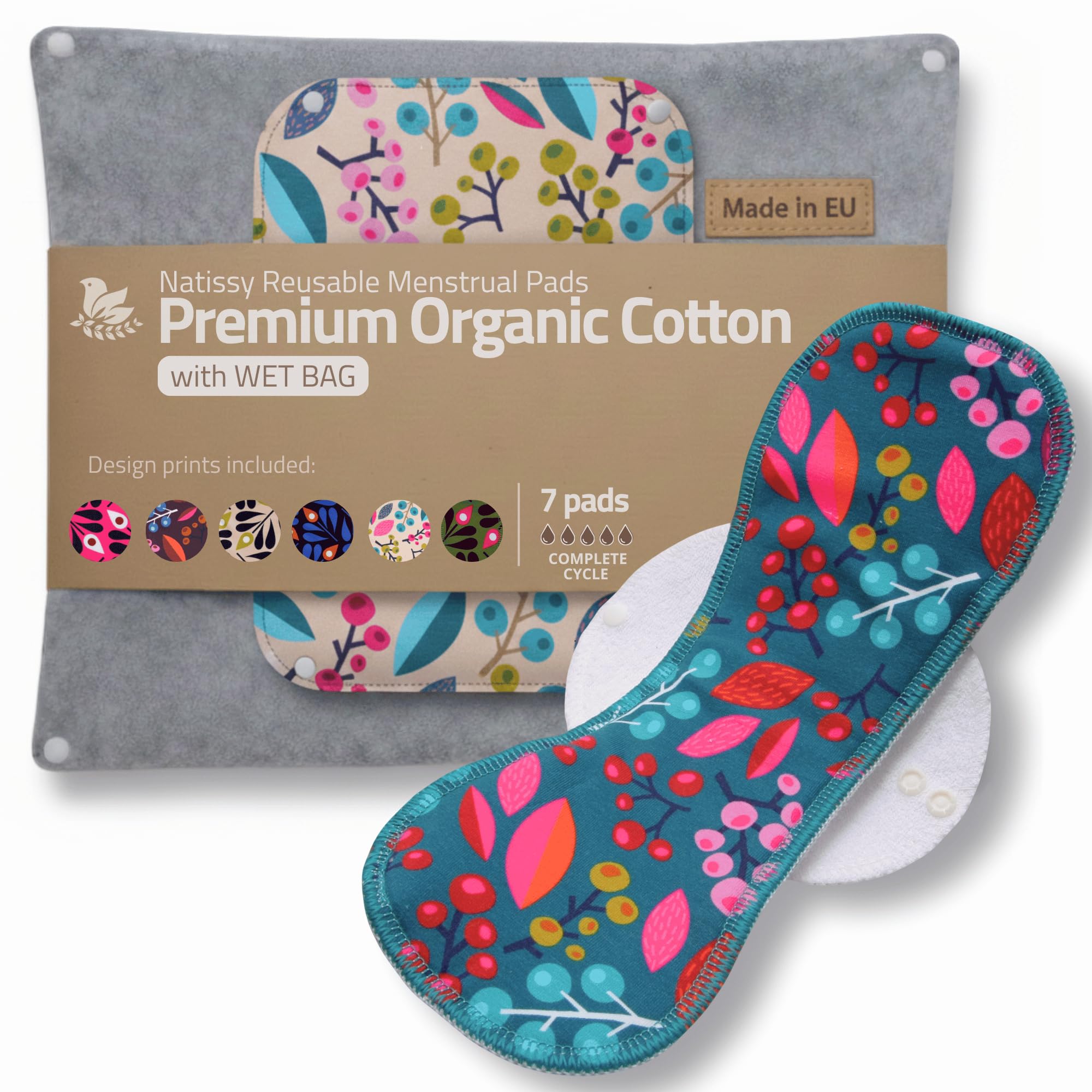 Made in EU – Reusable Sanitary Pads for Light to Heavy Flow - 7 Pack (S, M, L & XL) – High-Temp Washable Cloth Period Pads for Women – Ultra Soft Organic Cotton & Secure Fit for Menstrual Comfort