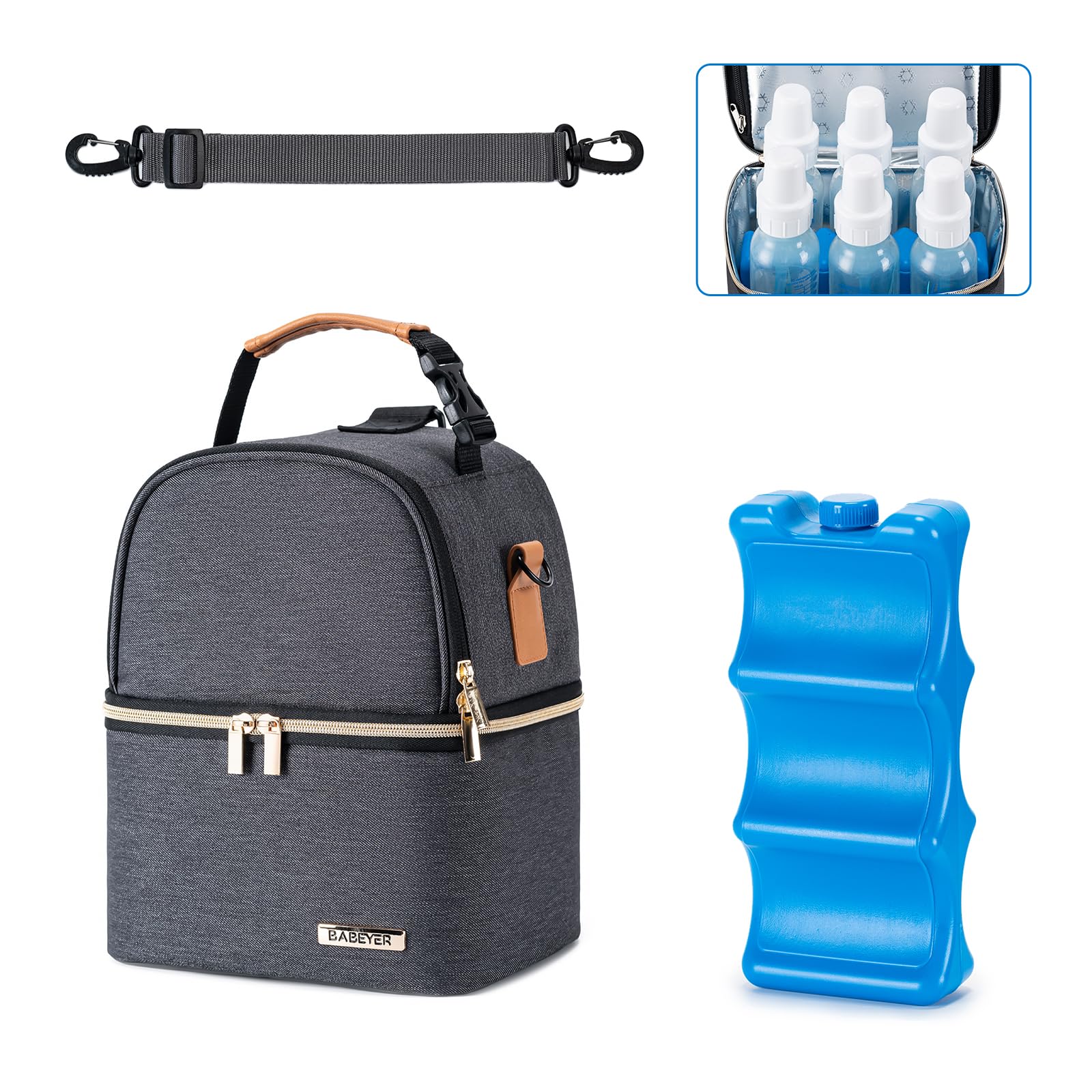Photo 1 of Breastmilk Cooler Bag with Ice Pack Fits 6 Baby Bottles up to 9 Ounce, Breastmilk Pump Cooler Bag with Shoulder Strap for Nursing Mom Daycare, Work, Travel- Grey