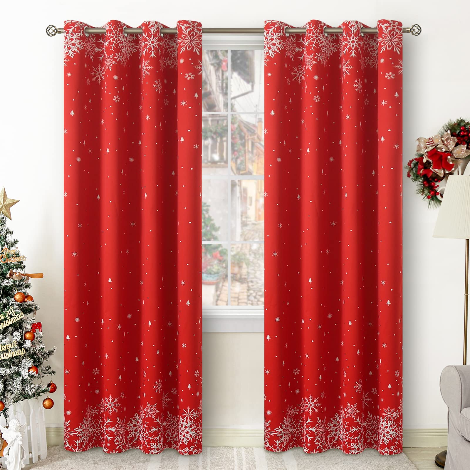 BGment Red Christmas Curtains for Living Room, Grommet Christmas Decoration Window Blackout Curtains with Christmas Tree and Snowflake Print, 2 Panels, Each 52 x 84 Inch, Red