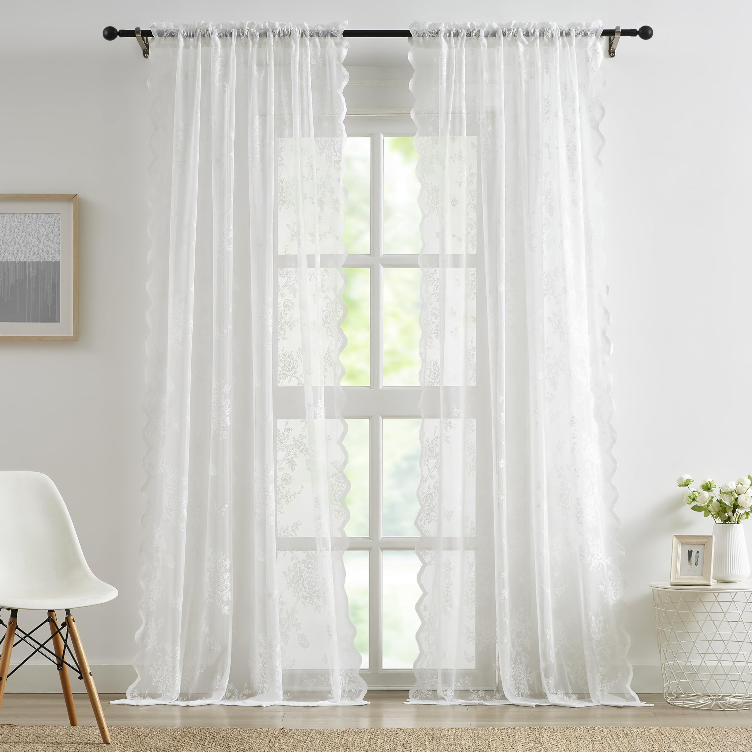 Bujasso Lace White Curtains Vintage Country Floral Sheer Drapes 72 inches Rod Pocket Light Filtering Victorian Scalloped Window Treatment for Living Room Bedroom 2 Panels 54" Wx72 L