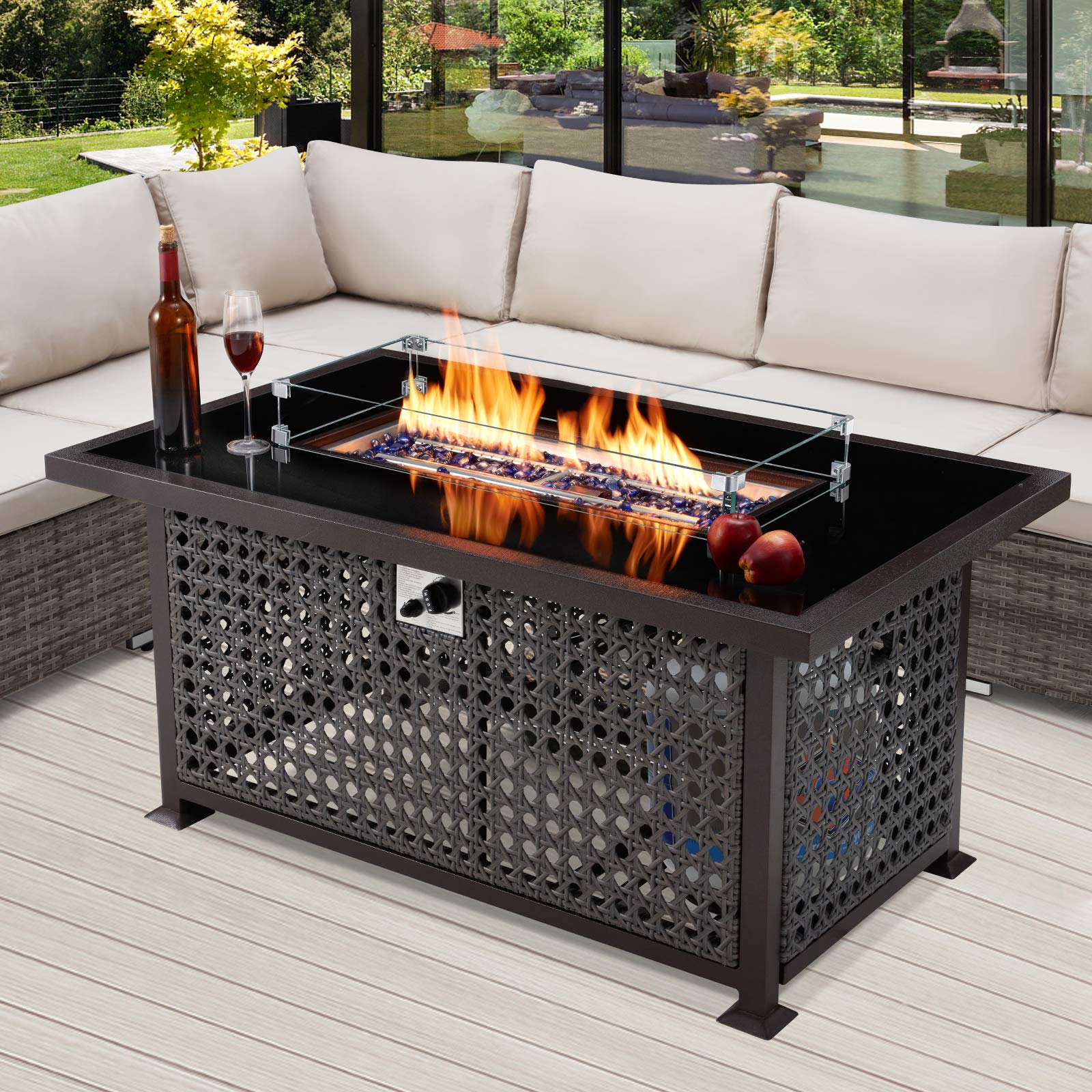 U-MAX 52 Inch Outdoor Propane Gas Fire Pit Table, 50,000 BTU Auto-Ignition Gas Firepit with Glass Wind Guard, Black Tempered Glass Tabletop, Blue Glass Stone & PE Rattan