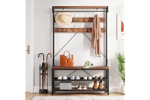 Amyove Large Coat Rack Shoe Bench Hall Tree Shoe Rack for Entryway 3-Tier Storage Shelf and Hooks Removable Industrial Accent Furniture Metal Frame 39.9"x15.7"x72"